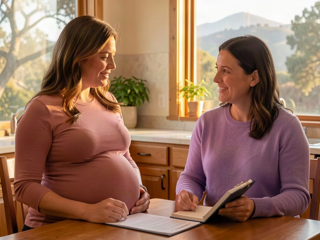 A doula reviewing a birth plan with an expectant mom in the Santa Monica Mountain foothills near Agoura Hills, California