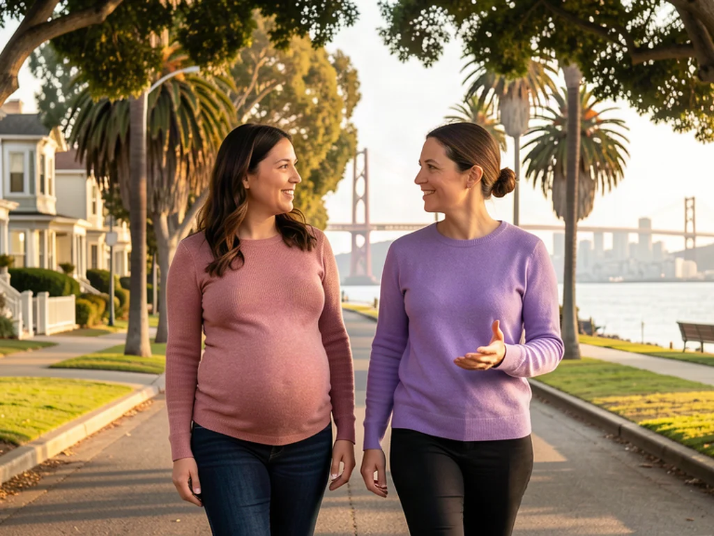 A doula walking alongside a pregnant mom in Alameda, California with the Bay Bridge skyline in the distance