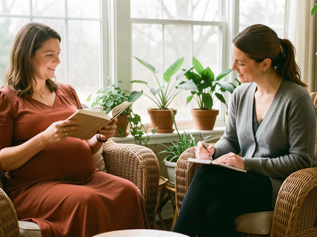 A doula reviewing a birth plan with an expectant mom beside the Potomac waterfront in Alexandria, Virginia