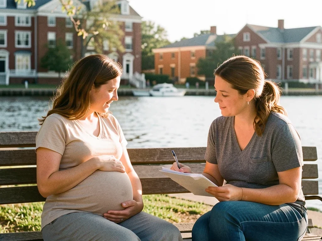 A doula reviewing a birth plan with an expectant mom beside the Potomac waterfront in Alexandria, Virginia