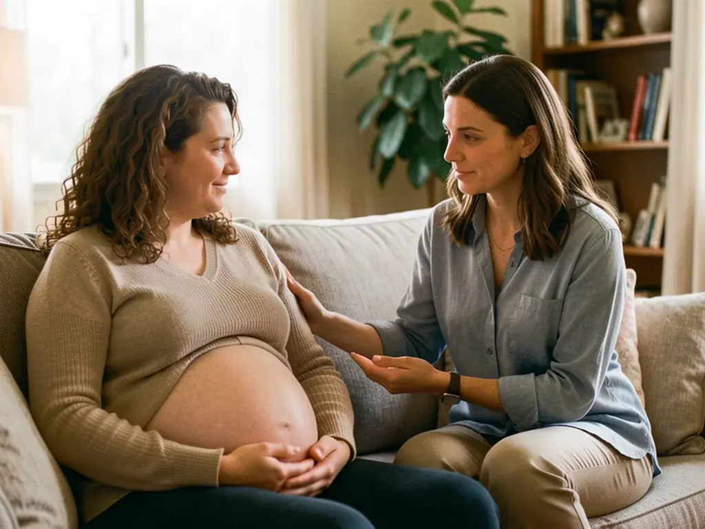A doula providing comfort measures to an expectant mom near Main Street in Alhambra, with the San Gabriel Mountains in the distance