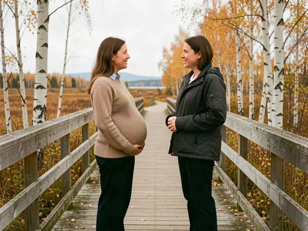 A doula standing with an expectant mom with Chugach Mountains and Cook Inlet backdrop in Anchorage, Alaska