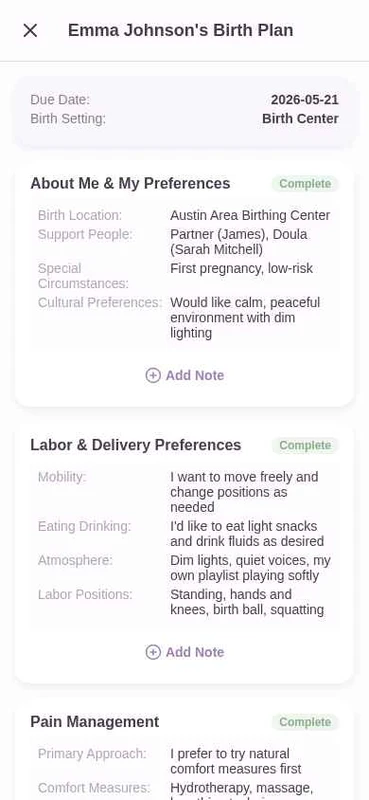 True Joy Birthing app birth plan showing completed sections