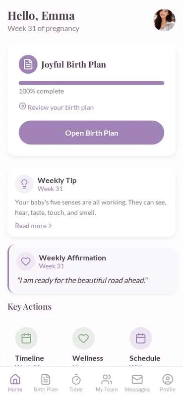 True Joy Birthing app home screen with pregnancy week tracker