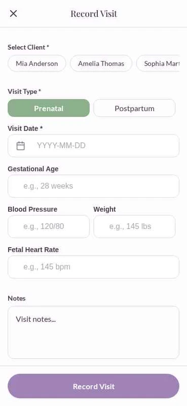 Pro Mode wellness visit record form tracking prenatal visits, blood pressure, and fetal heart rate
