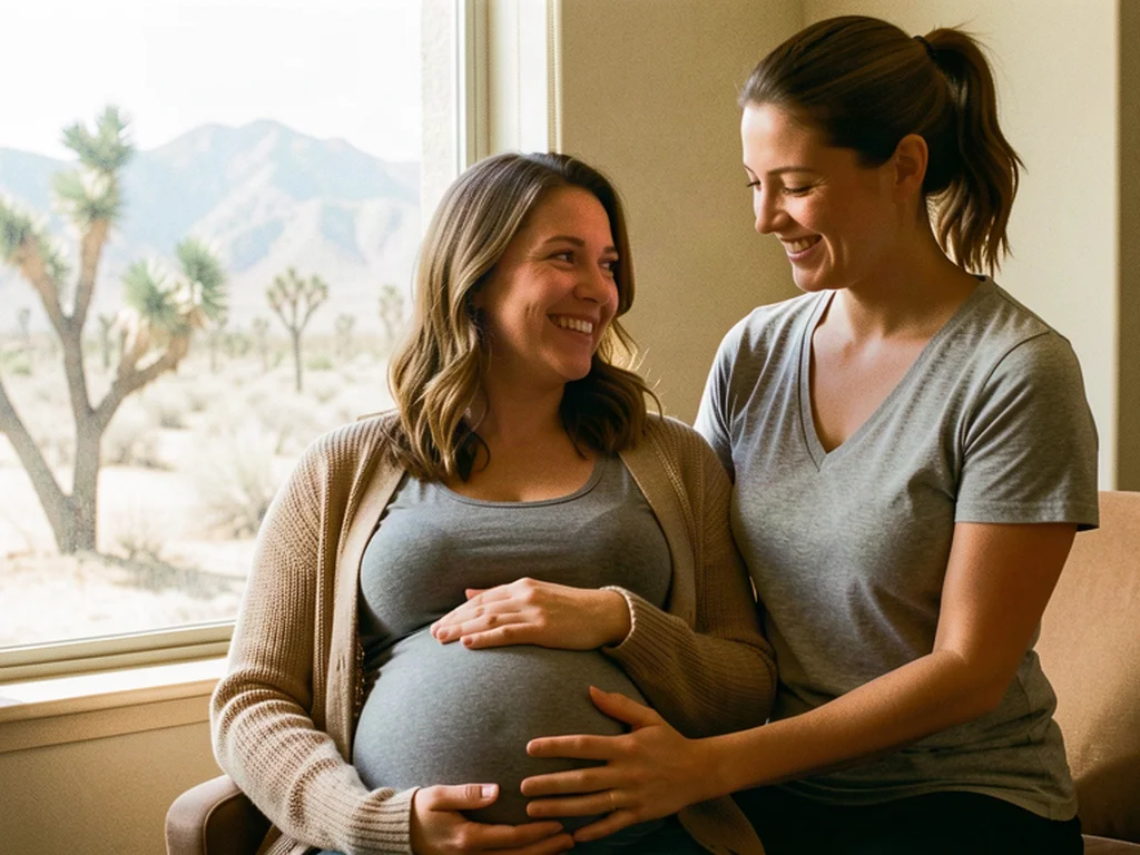A doula supporting an expectant mom in Apple Valley: high desert birth support with San Bernardino Mountains backdrop