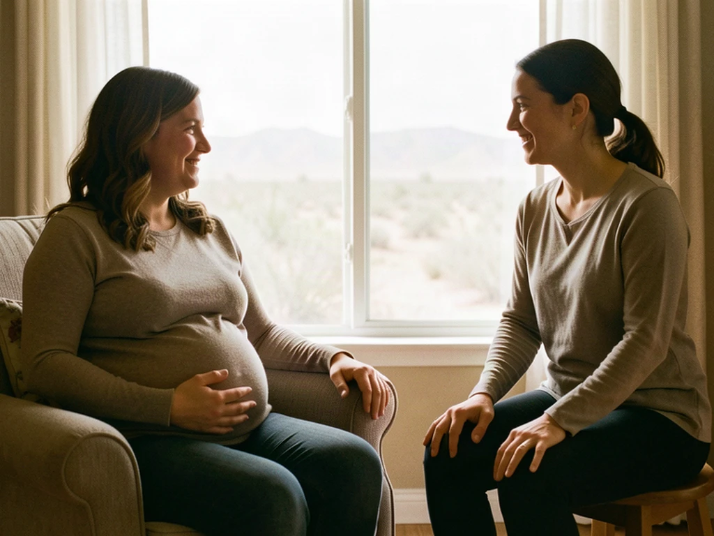 A doula supporting an expectant mom in Apple Valley: high desert birth support with San Bernardino Mountains backdrop