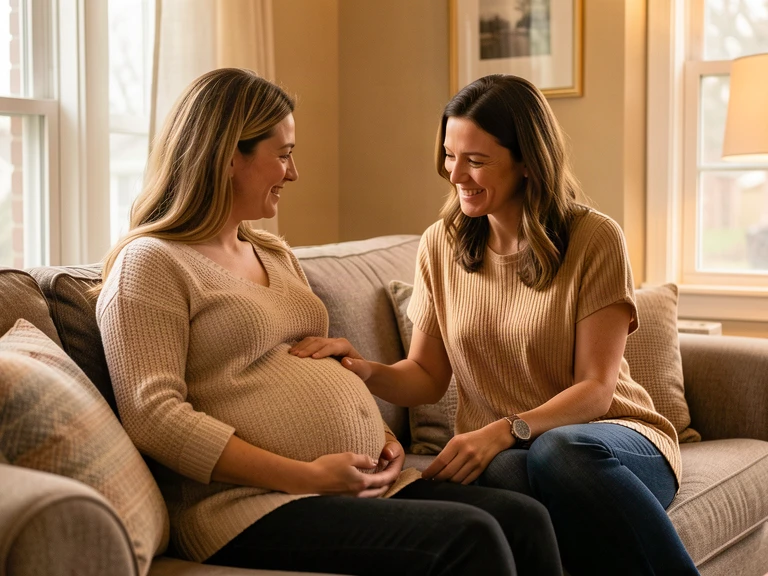 A doula supporting a pregnant mother in a warm Arlington Heights, Illinois home setting during the third trimester
