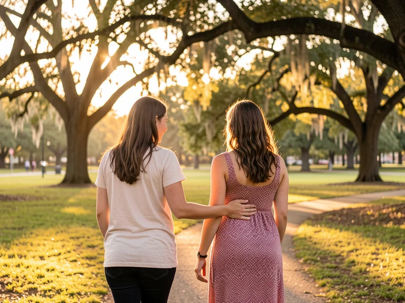 A doula walking alongside a pregnant woman in an Austin park at golden hour