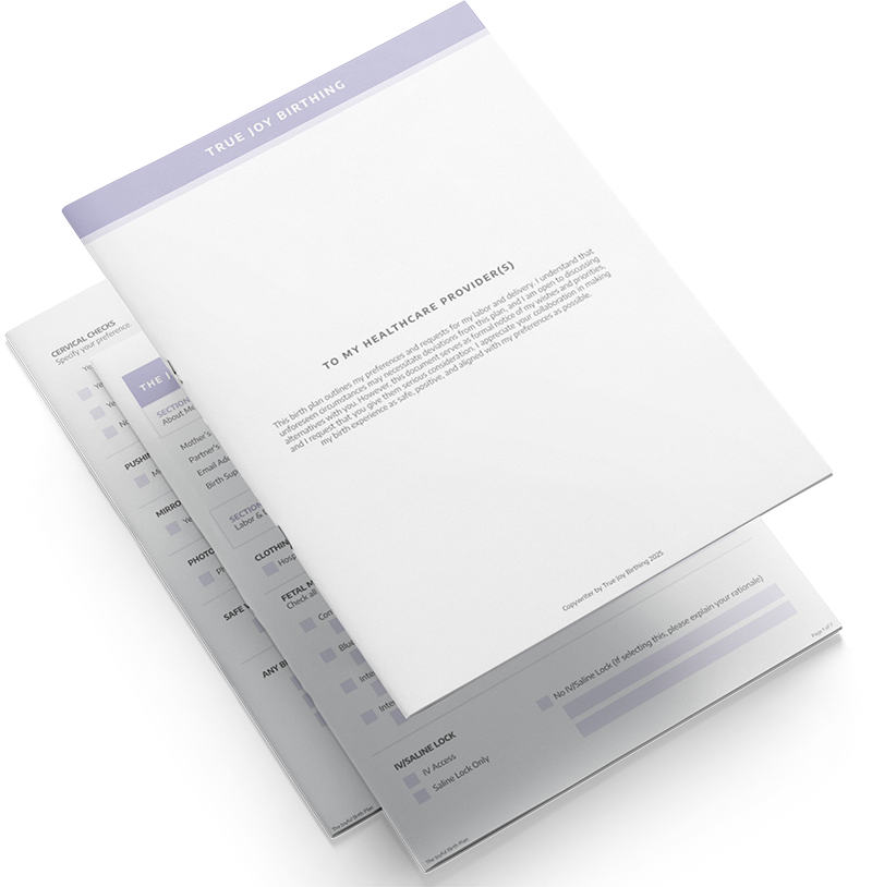 The free birth plan template — a structured multi-page document covering labor preferences, fetal monitoring, and delivery options, designed to be read by your nurse in two minutes