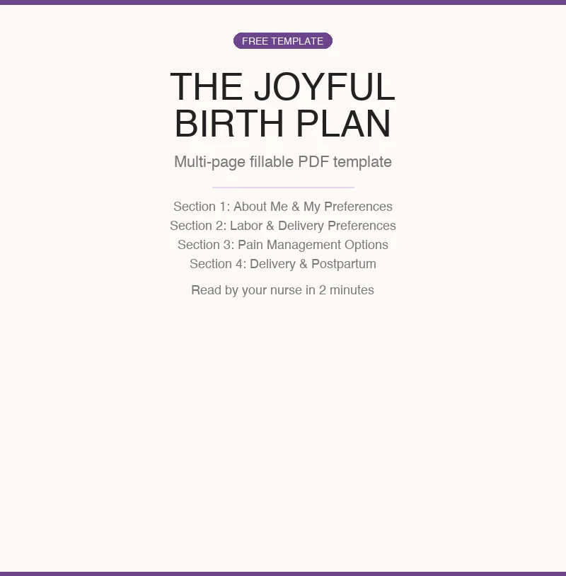 The free Joyful Birth Plan — a structured multi-page fillable PDF covering About Me, Labor & Delivery, Pain Management, Delivery, and Postpartum, designed to be read by your nurse in two minutes