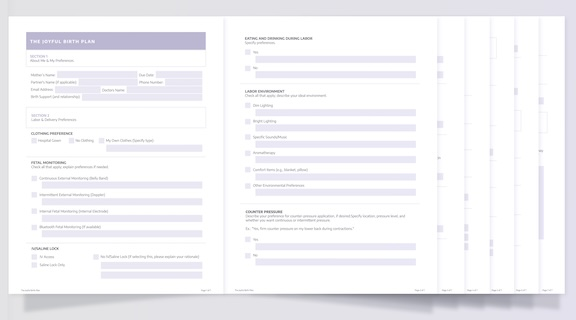 Preview of the free birth plan template — a structured multi-page document covering labor preferences, pain management, delivery, postpartum, and newborn care