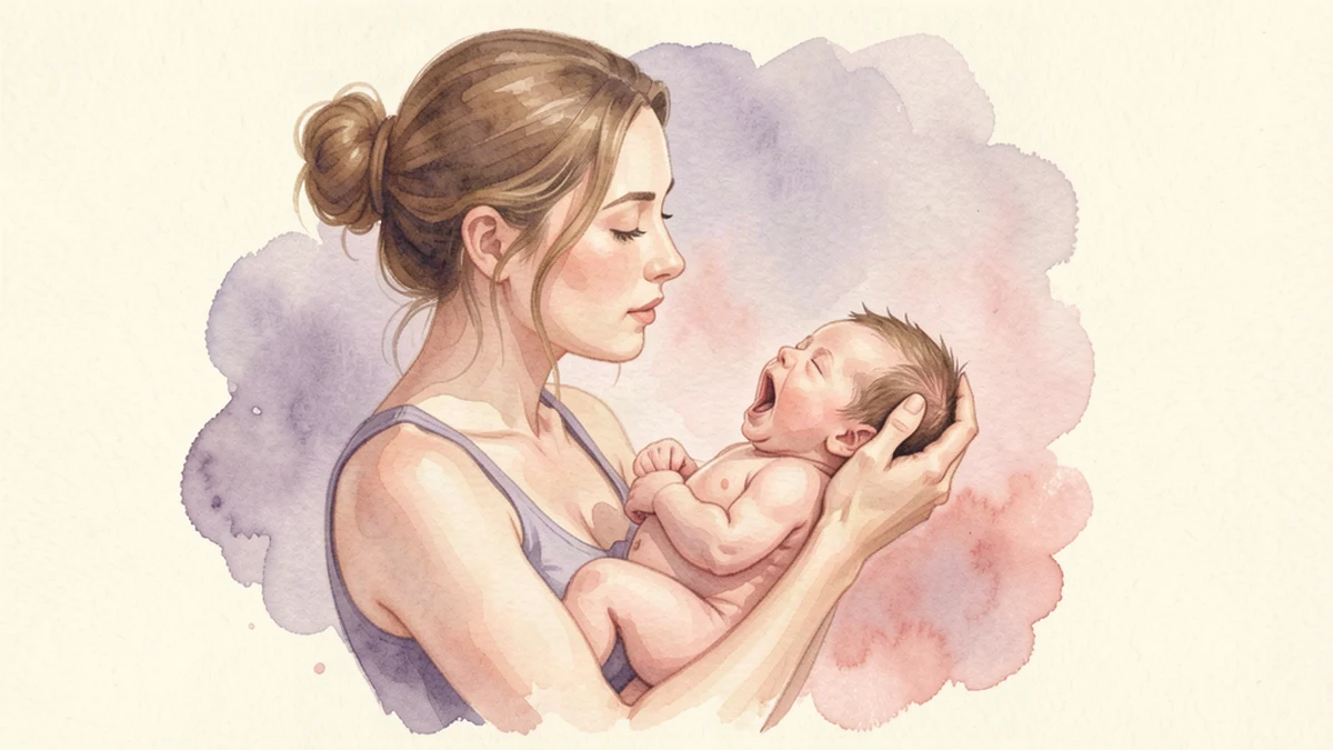Mother holding her newborn in a cross-cradle position, baby's mouth wide open in a deep latch, soft watercolor illustration in cream and lavender