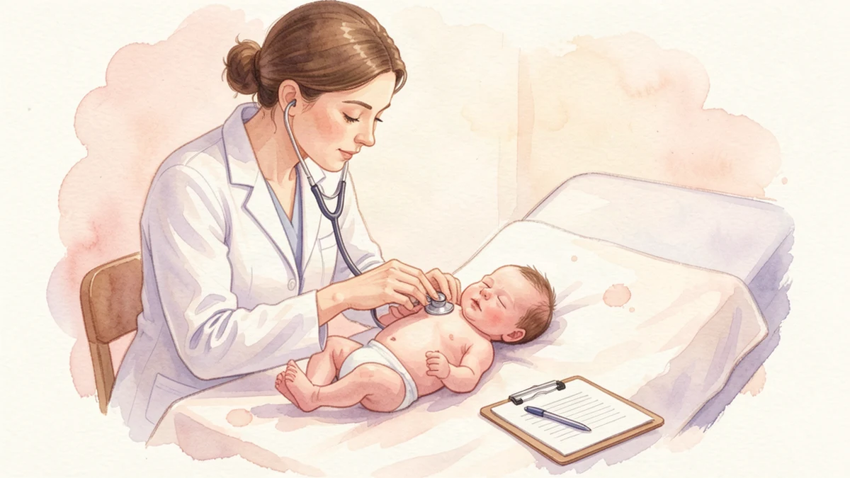 Pediatric clinician performing a gentle newborn examination with a stethoscope during newborn screening, soft watercolor illustration in cream and lavender tones