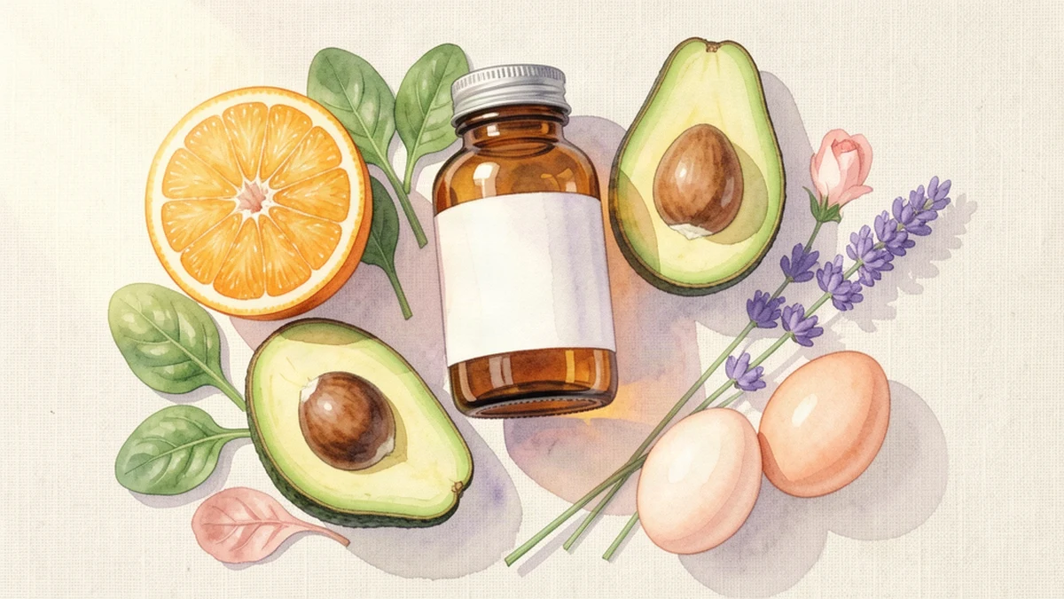 Watercolor still life of an unlabeled supplement bottle surrounded by spinach, orange, avocado, salmon, eggs, and lavender sprigs on a cream background