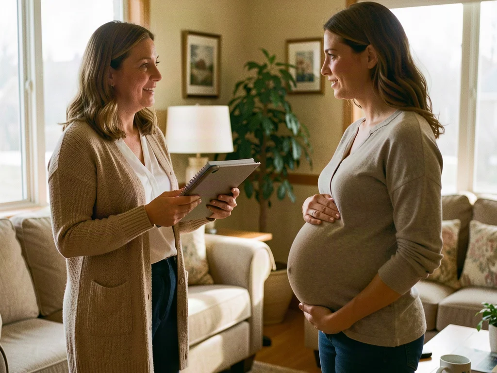 A pregnant woman meeting with her birth doula in a sunlit Boise living room