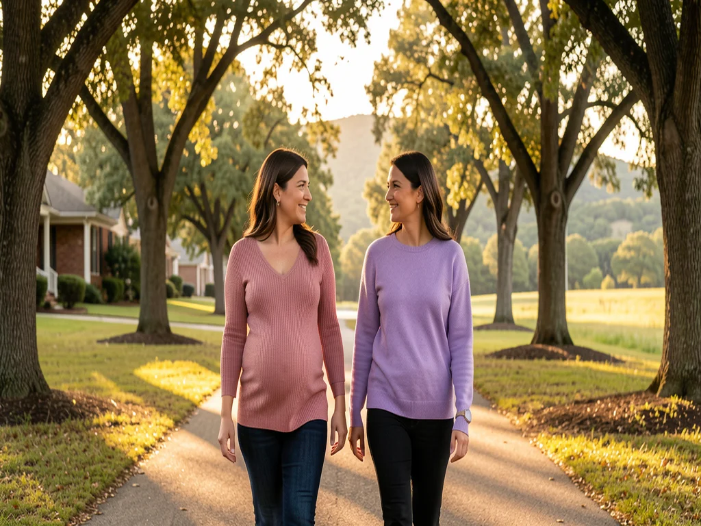 Two women walking together on a neighborhood path in Carrollton, Texas: doula support for DFW families