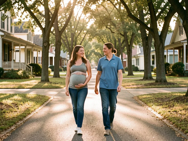 A pregnant woman walking with her doula on a peaceful neighborhood path in Celina, Texas: doula support for Collin County families