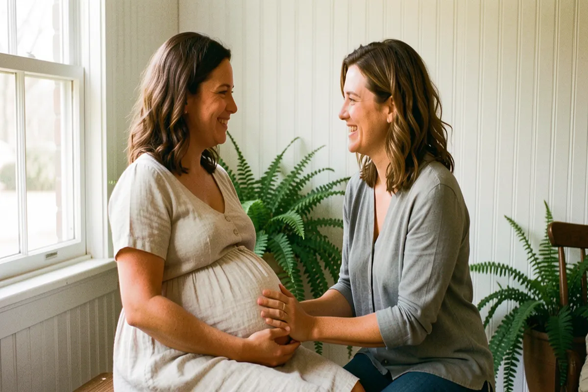 A doula walking alongside an expectant mom, offering continuous labor support