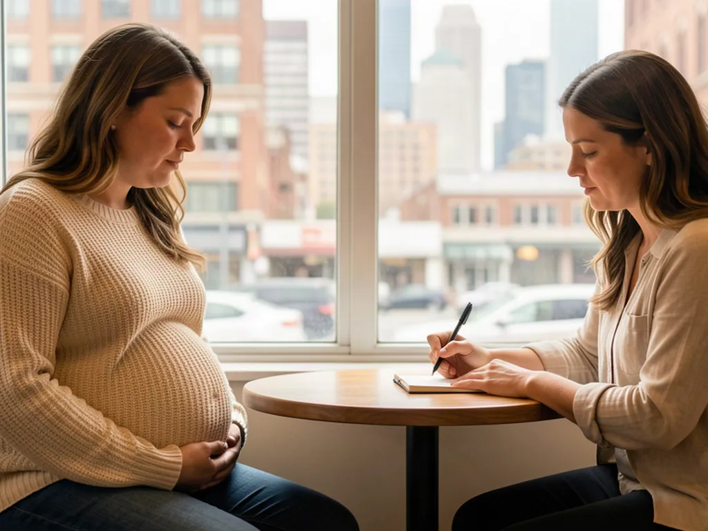 A doula taking notes across a café table from an expectant mom in a Cleveland coffee shop