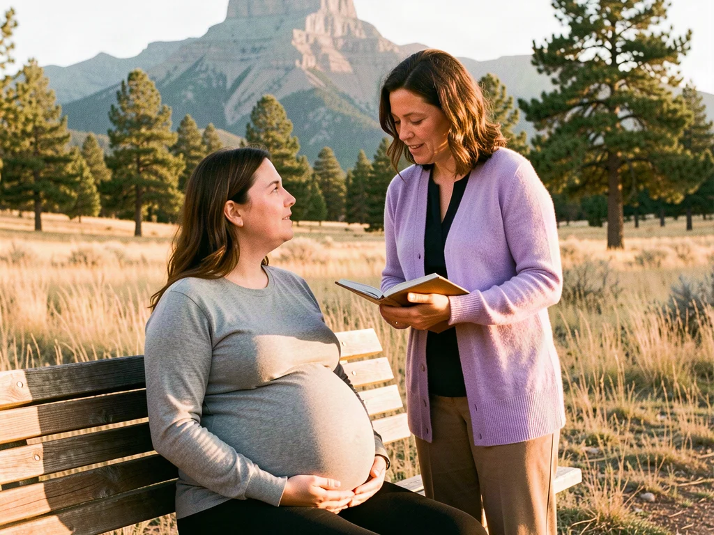 A doula offering physical and emotional support during labor at a Colorado Springs birthing center with mountain light streaming through windows