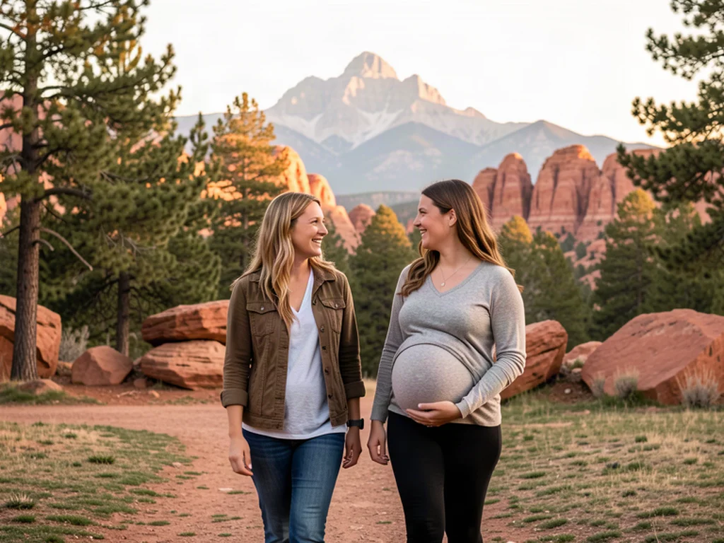 A doula offering physical and emotional support during labor at a Colorado Springs birthing center with mountain light streaming through windows