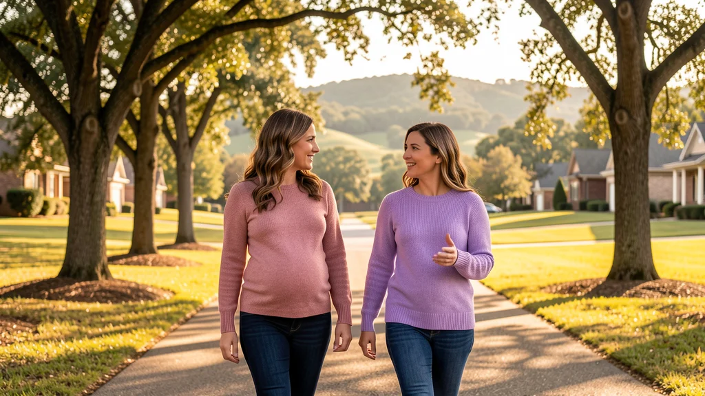 Two women walking side by side in a Dallas neighborhood with Texas Hill Country in the distance