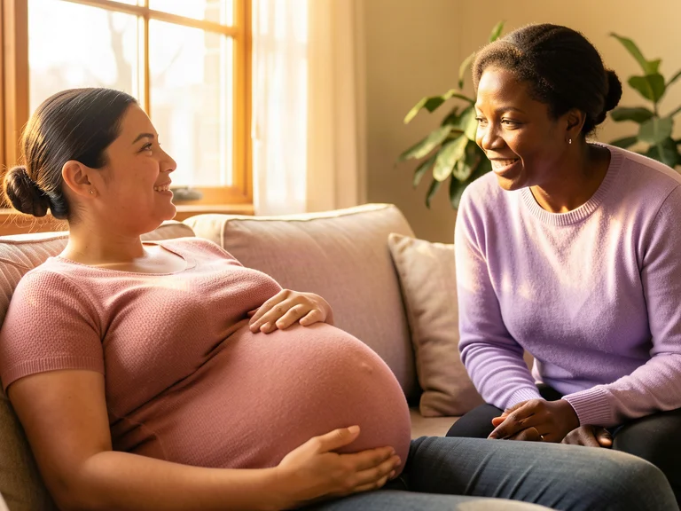 A pregnant woman with her doula in a warm, supportive setting in Dallas, Texas