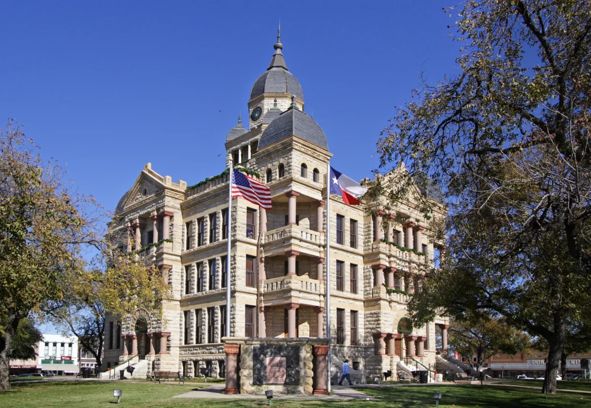 Skyline of Denton, Texas, where families search for birth doulas and plan their hospital births.