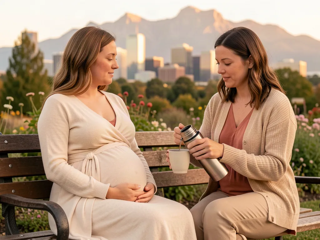 A doula pouring tea for an expectant mom on a Denver garden bench with the Rocky Mountains on the horizon