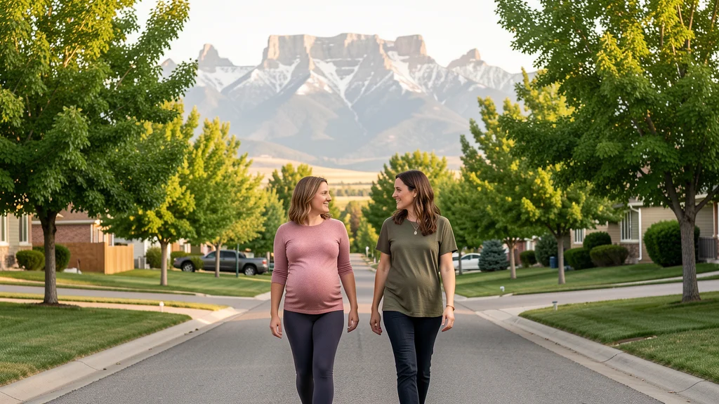 A doula walking alongside an expectant mom on a tree-lined path with the Colorado Front Range in the distance: Denver birth support