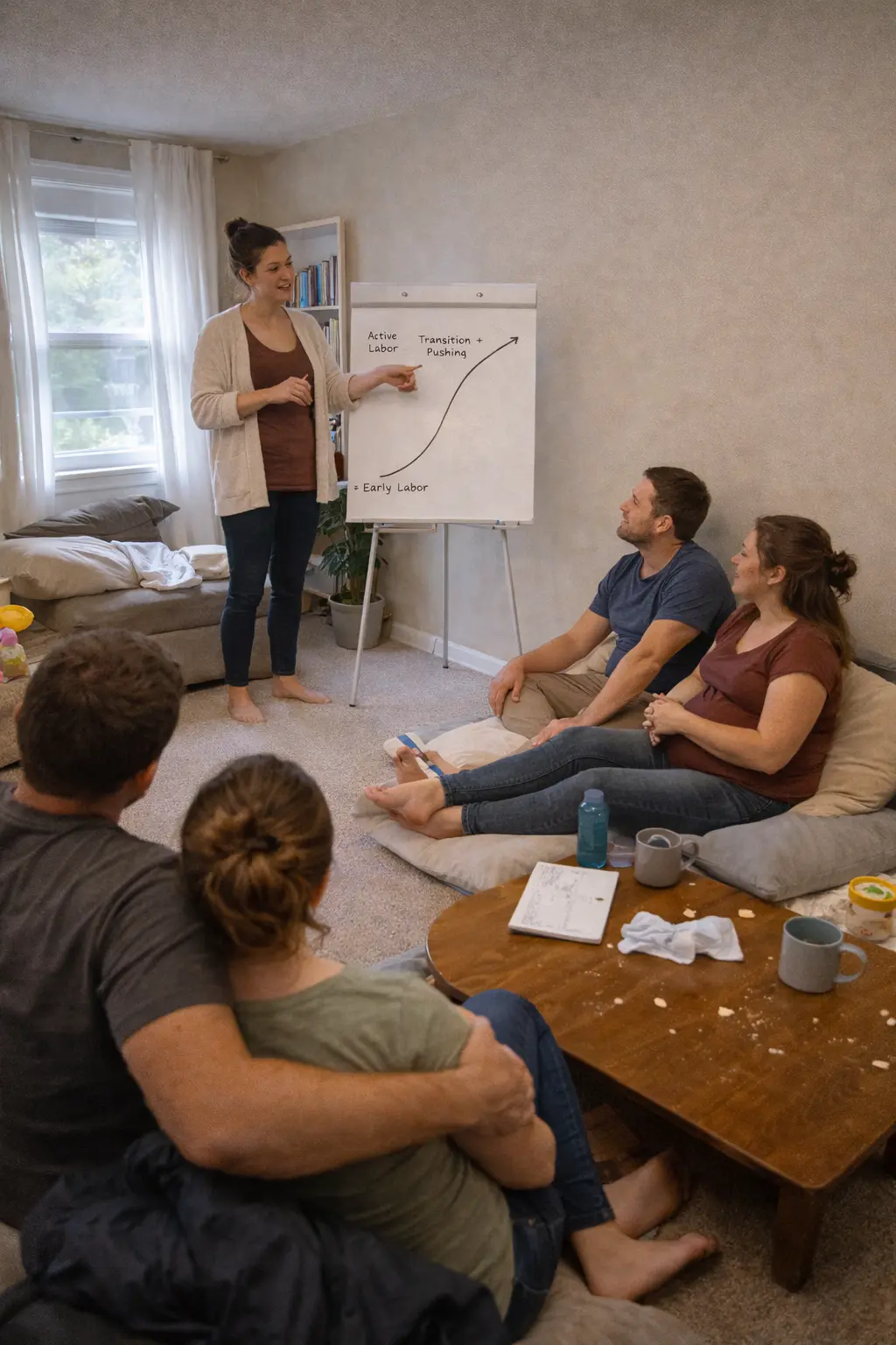 Doula teaching expecting parents about birth support