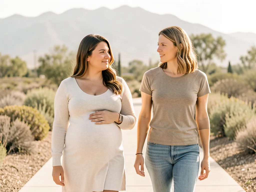 A doula walking alongside an expectant mom on the Pacific Electric Trail in Fontana, with the San Gabriel Mountains in the distance