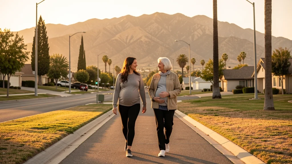 A doula walking alongside an expectant mom on the Pacific Electric Trail in Fontana, with the San Gabriel Mountains in the distance