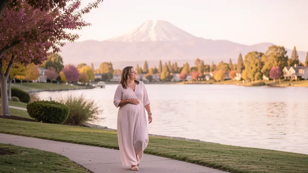 A doula walking alongside an expectant mom near Lake Elizabeth in Fremont, California