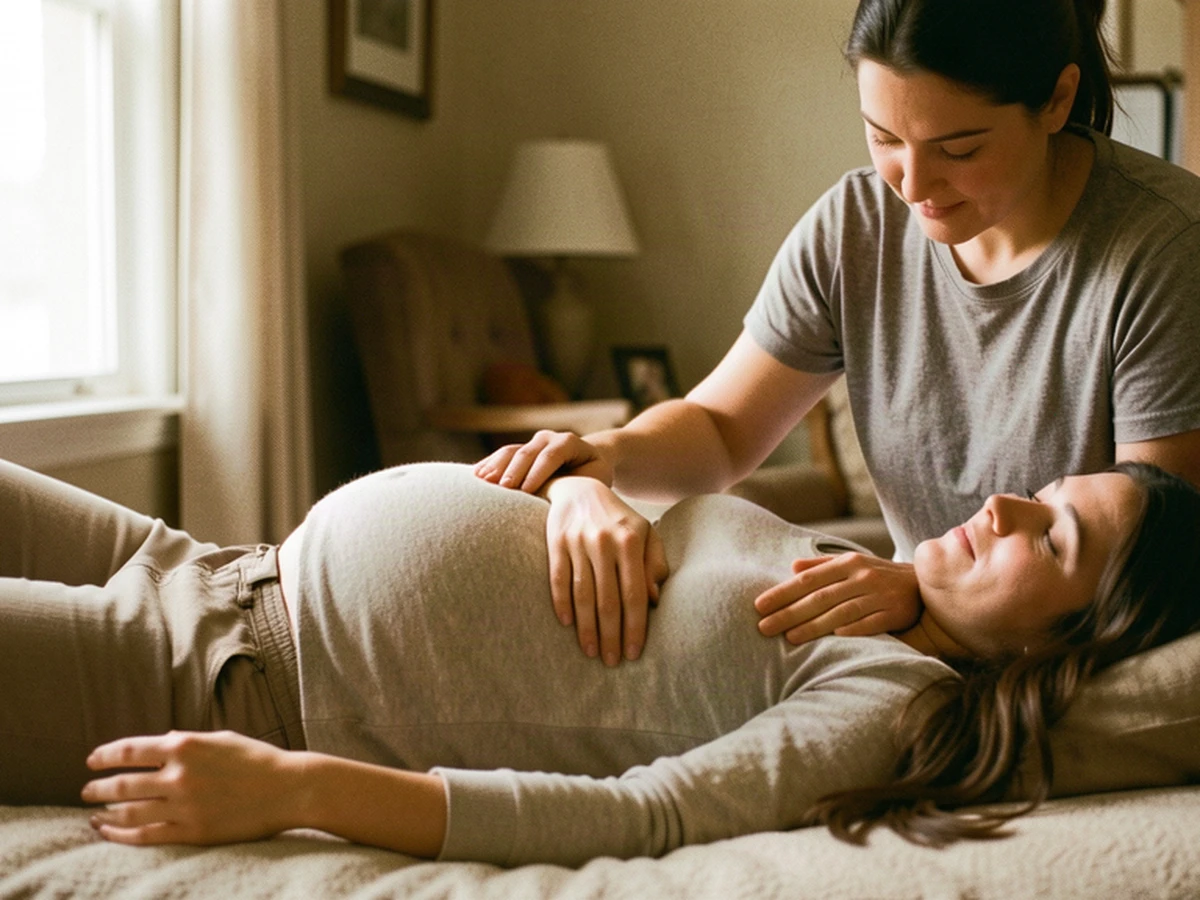A doula providing comfort and support to a pregnant mom in Frisco with warm golden light