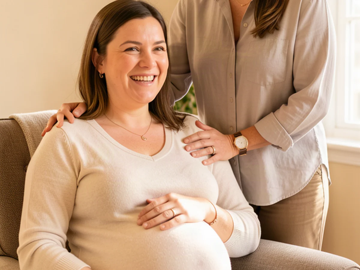 A certified doula holds the hand of a pregnant Gilbert mom: birth support scene with Phoenix Sonoran Preserve sunrise in the background