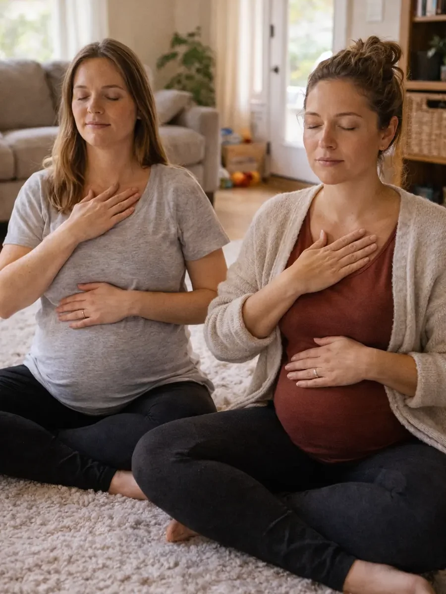 Pregnant women meditating together in a supportive birth community circle