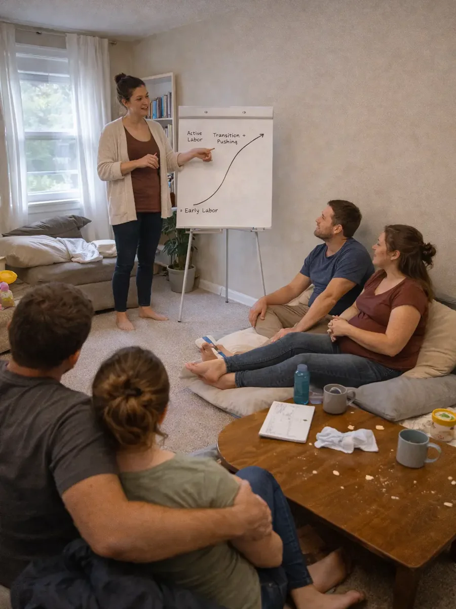 A birth doula explaining birth plan options to an expectant mother