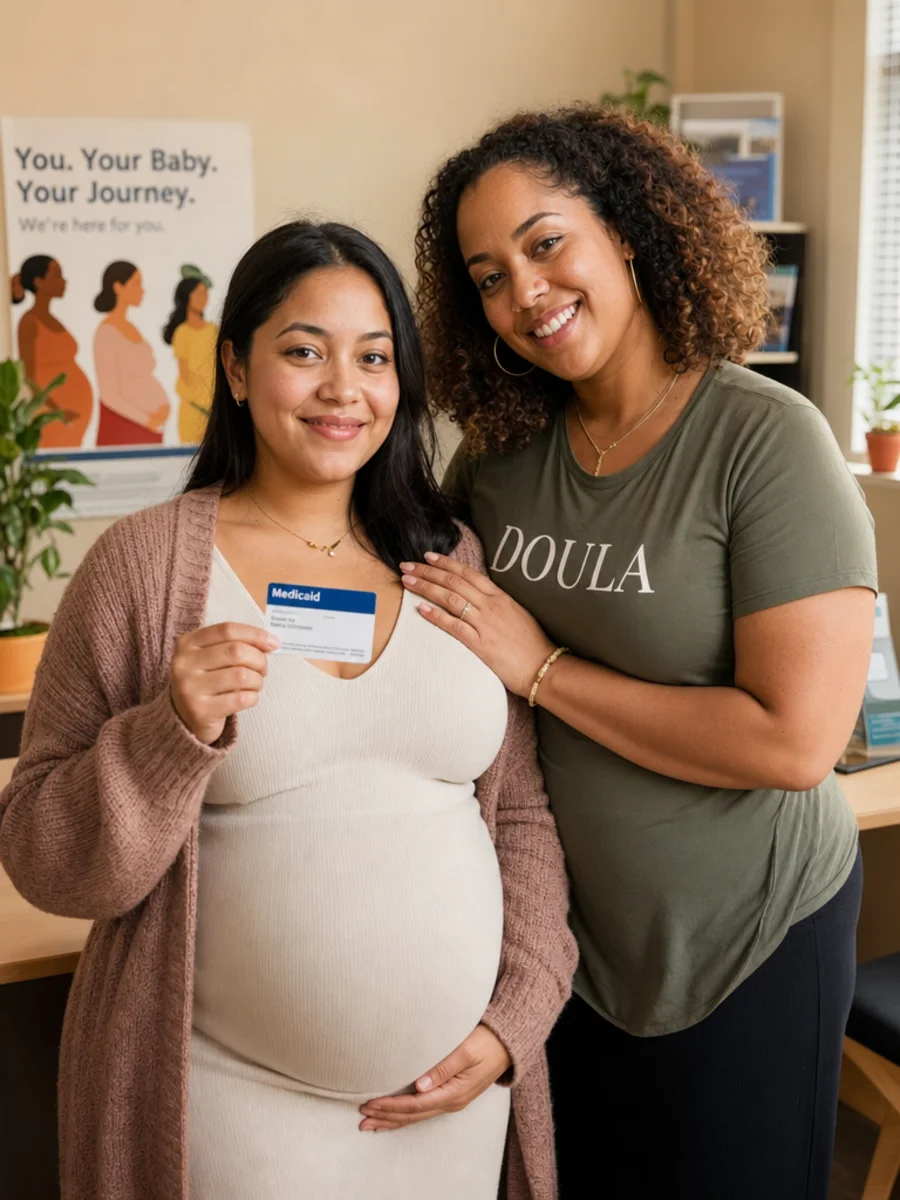 A pregnant woman reviewing Medicaid doula coverage options with her birth support team