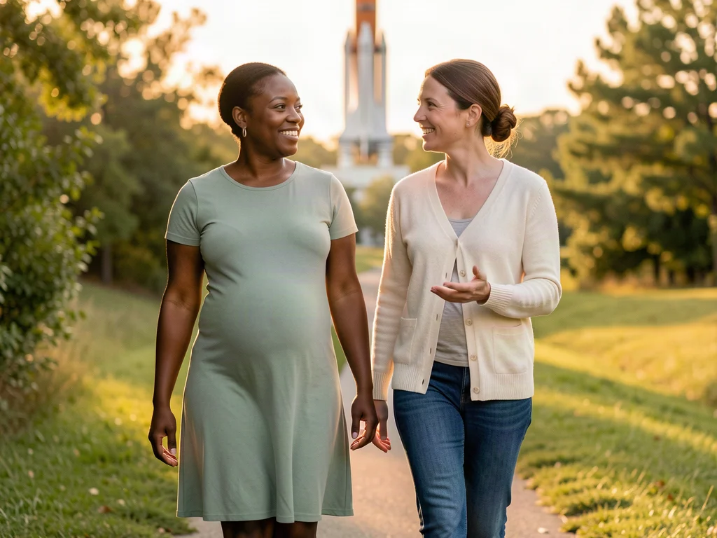 Doula walking with an expectant mom on a Huntsville greenway path near the Rocket City rocket silhouette