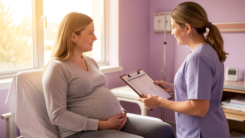 Pregnant woman discussing her birth plan with a nurse in a hospital room