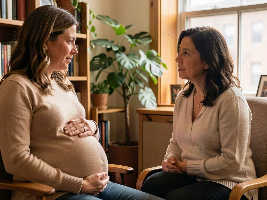 Pregnant woman in consultation with a doula in Kansas City, Missouri