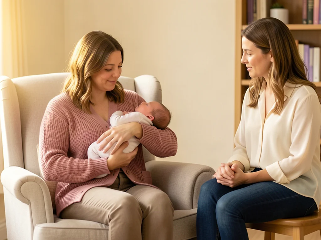 A lactation consultant helping a new mother with a feeding session, calm and focused, warm home-office light