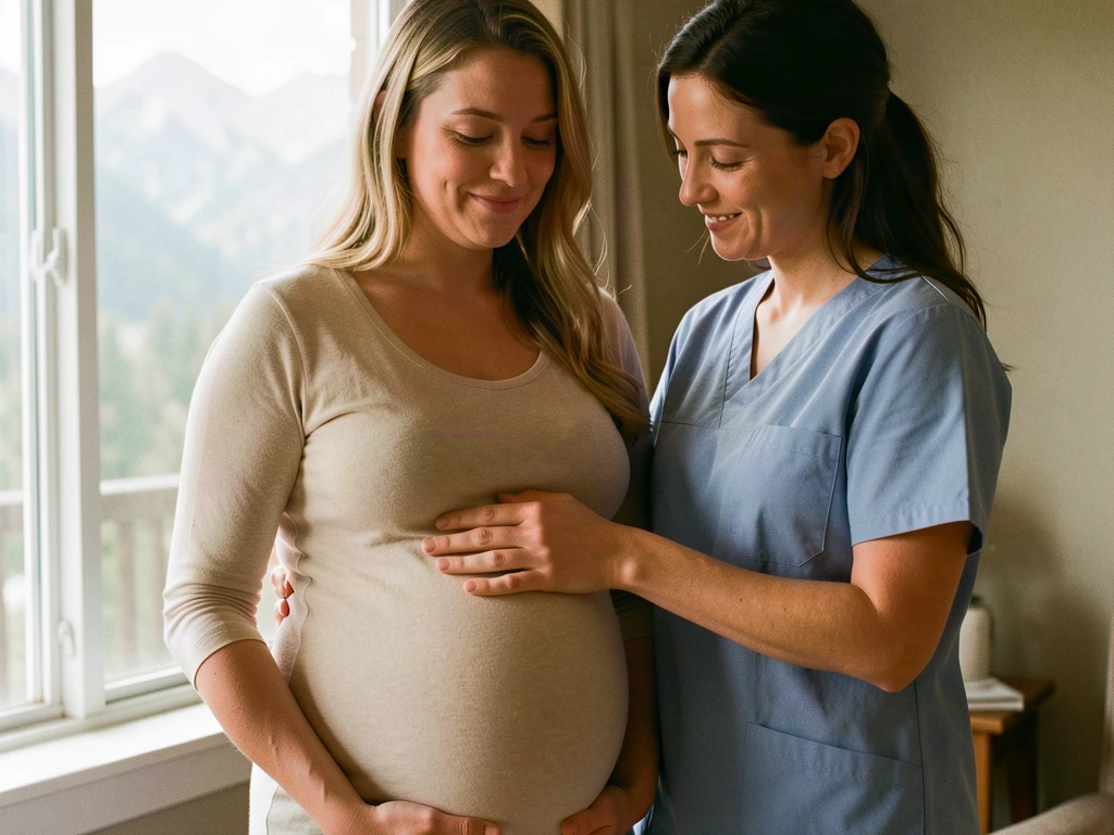 A doula walking alongside an expectant mom with the Rocky Mountain foothills visible from Lakewood, Colorado