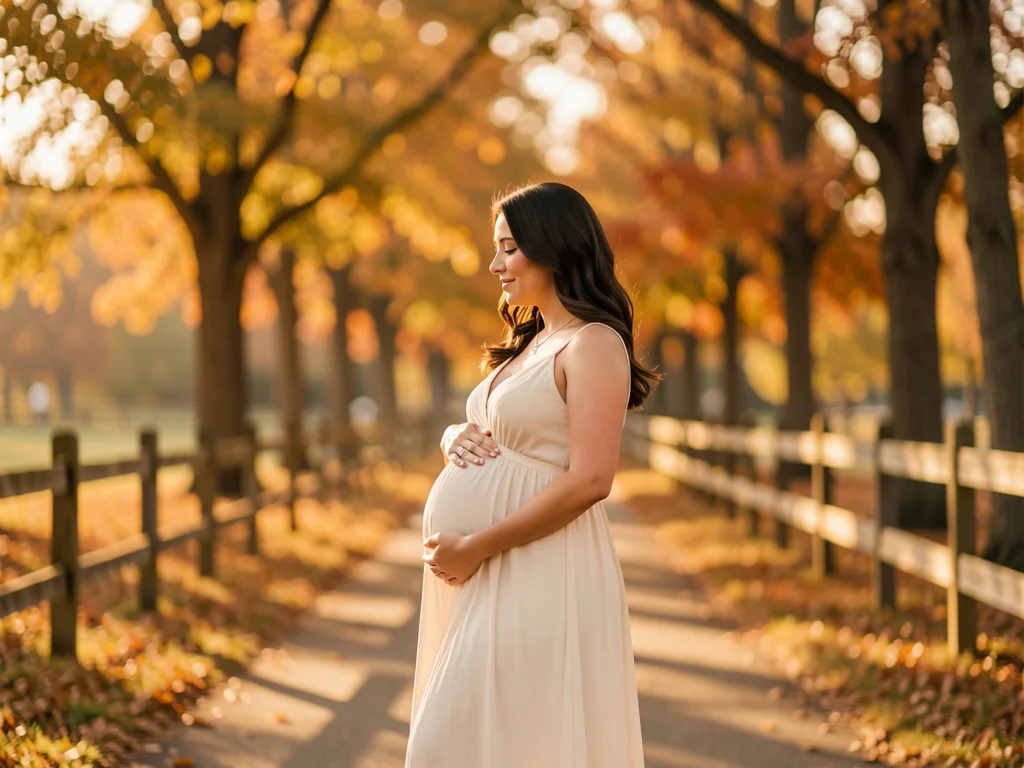 A doula supporting an expectant mom on a tree-lined path in Laurel, Maryland at golden hour