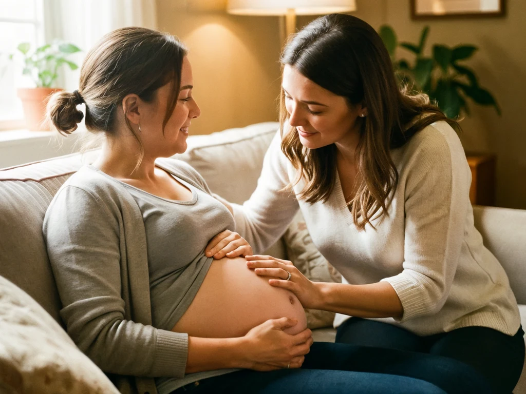 A doula providing support to an expectant mother in a warm home setting in Louisville, Kentucky
