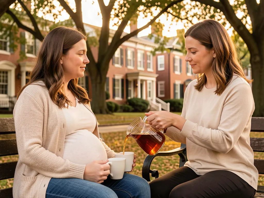 A doula pouring sweet tea for an expectant mom on a Louisville parkway bench among Victorian brick homes