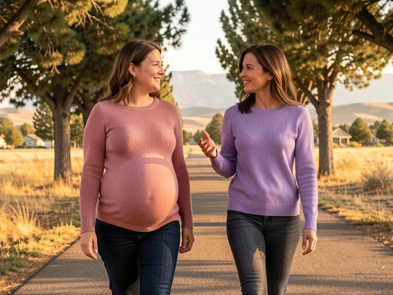 Two women walking together on a tree-lined path in Meridian, Idaho with rolling foothills in the distance