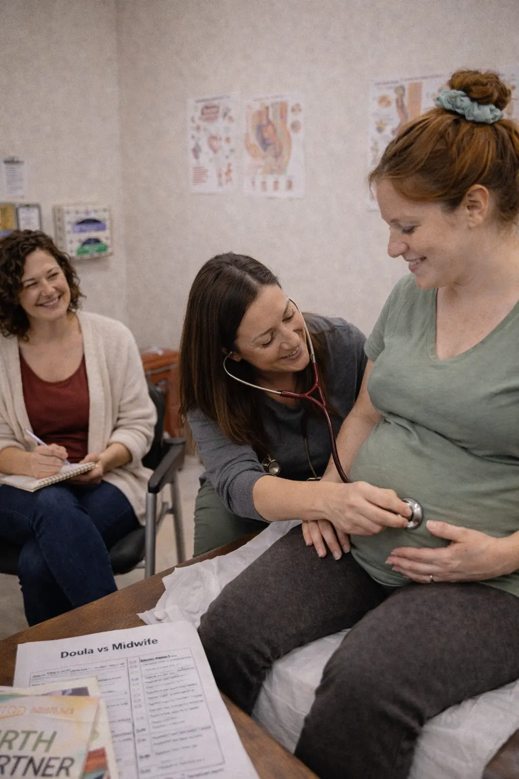 A midwife listening to a baby's heartbeat during a prenatal visit, with a doula taking notes alongside